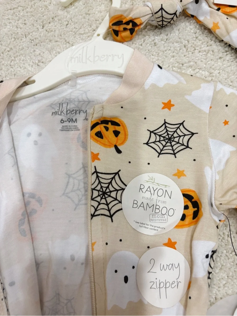 NWT Milkberry Halloween Pumpkin Ghost Spider Bamboo Zip Sleeper + Matching Hat